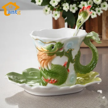 Emalio Porcelianiniai Kavos puodeliai, Drakonas ir Feniksas puodelio arbatos nustatyti Kaulų Kinijos porceliano puodelis gimtadienio dovana