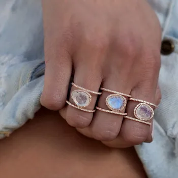 Europos Prašmatnus moonstones elegantiškas H formos visiškai piršto žiedą, moterims moteriški naujo dizaino nelygaus akmens bižuterijos