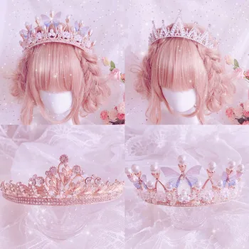 Europos Retro Stiliaus Perlas Drugelis Kalnų Krištolas Plaukų Karūna Lolita Cosplay Plaukų Aksesuarai Sweet Princess Crown Šukuosena