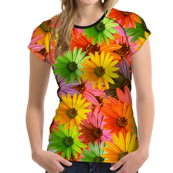 FORUDESIGNS Gėlių T-marškinėliai Moterims Spalvinga Gėlių Tee Marškinėliai Saldus Mergaičių T Shirts Vasaros Moterų trumpomis Rankovėmis Elastinga Tees Viršų