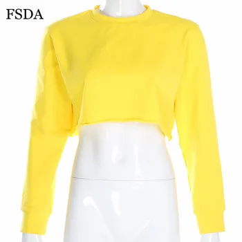 FSDA Moterys ilgomis Rankovėmis Trumpi Marškinėliai Rudenį Streetwear Pasėlių Juoda Balta Geltona Atsitiktinis Medvilnės O Kaklo Viršų