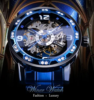 Forsining Blue Diamond Permatomas Skeletas Vyrų Mechaninis Laikrodis Nerūdijančio Plieno Šviesos Rankas Laikrodis Atsitiktinis Verslo Laikrodis