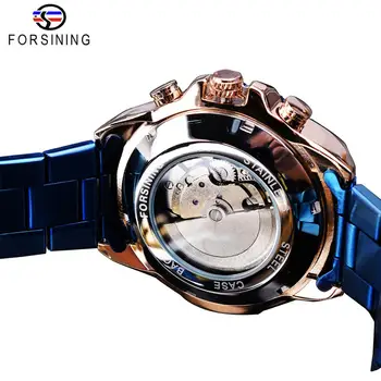 Forsining Kūrybos Visą Mėlyna Mechaniniai Laikrodžiai vyriški Automatinė 3 Pagalbinį Perjungiklį Data Vyrų Sporto Verslo Plieno Juosta Siųsti Reloj Hombre