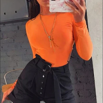 GAOKE Bodycon Seksualus Neon Orange Bodysuits Moterų 2020 m. Rudenį ilgomis Rankovėmis Kietosios Žiemos Pagrindinės Kūno Kostiumas Moterų, O Kaklo Juoda