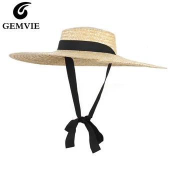 GEMVIE 6cm Karūna Didelis Kraštų Vasaros šiaudines Skrybėles Moterų Paplūdimio Kepurė Su Kaspinu Vairininko Flat Top Saulės Skrybėlę 2020 Naujas