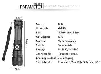 Galingas LED Žibintuvėlis USB Įkraunamas Žibintuvėlis XHP50 Vandeniui 5 Režimai 18650 arba 26650 Įkrovimo Baterija (akumuliatorius POCKETMAN Juoda