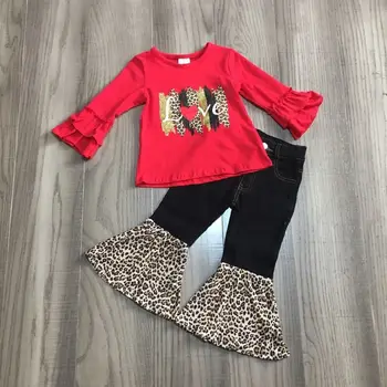 GirlyMax Žiemos Pavasario Mergaitės Red Leopard Spausdinti Marškinėliai Bell Apačios Juodos Kelnės Kūdikiui 