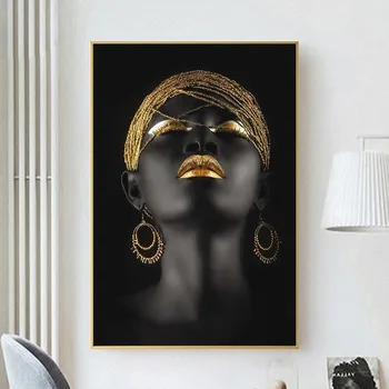 Golden Black Skandinavijos Sienos Meno Plakatas Šiuolaikinio Meno Afrikos Moters Portreto Tapyba ant Drobės ir Spausdinimo Gyvenimo Kambario Dekoro