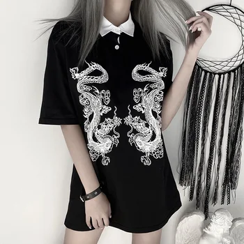 Goth Tamsiai Dragon Spausdinti Gotikos T-shirts Prarasti Streetwear Harajuku Derliaus Vasarą 