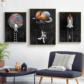 Grafiti Šiuolaikinių Gatvės Meno Astronautas Kosmose Erdvėlaivis, Drobė, Tapyba, Plakatų ir grafikos Kosmoso Augalų Sienos Menas Nuotraukas Dekoras
