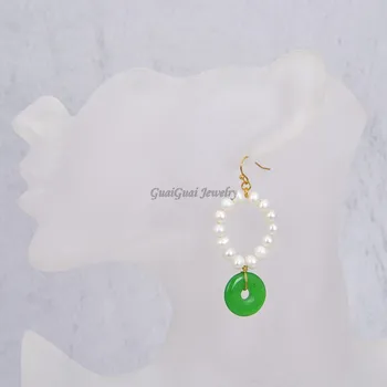 GuaiGuai Papuošalai Gėlo Vandens Dirbtiniu Būdu Išauginti Perlai White Pearl Green Jade Žiedas Green Jade Auskarai