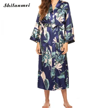 Gėlių Satino Chalatas Kimono Moterų 2020 M. Pavasario Vasaros Šilko Chalatai Sleepwear Naktį Suknelė Moterims, Apatinis Trikotažas Gėlių Ilgas Chalatas, Vestido