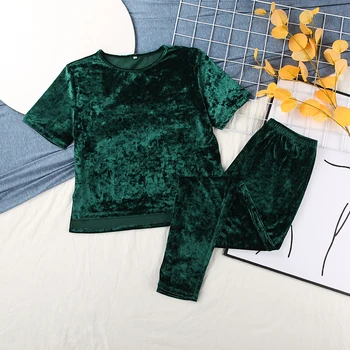 HECHAN Aksomo Moterų Sleepwear Nustatyti Trumpas Rankovės Namų Kostiumas Moterims Kelnes Kietas Šiltas Loungewear Žalia Mėlyna Prarasti Pižama Žiemą