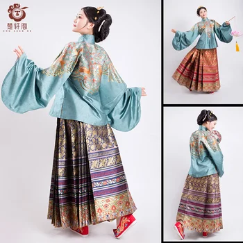 HanFu Kinijos tradicinių drabužių Aukso Žirgas veido sijonas Ming Dinastijos Hanfu Mados Bauda moteriški drabužiai Klostuotas sijonas Senovės