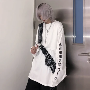 Harajuku Goth Laiškas Spausdinti Viršuje Punk korėjos Stilių Kawaii ilgomis Rankovėmis Moterims T-Shirt Dropshipping Y2K Plus Size Black Kpop Drabužiai