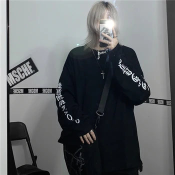 Harajuku Goth Laiškas Spausdinti Viršuje Punk korėjos Stilių Kawaii ilgomis Rankovėmis Moterims T-Shirt Dropshipping Y2K Plus Size Black Kpop Drabužiai