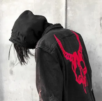 Harajuku Gotikos Demon Hunter Skull juodos džinsinio striukė vyrams Rock, punk sunkiųjų metalų Palaidinukė sudadera petnešos skylę streetwear