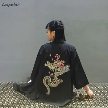 Harajuku Japonų kimono megztinis derliaus naujovė vasaros vyšnių dragon siuvinėjimo šifono apsaugos nuo saulės moterims, drabužiai