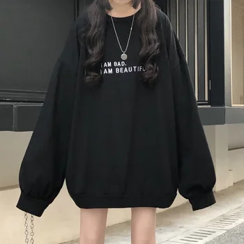 Harajuku plona Palaidinukė Moterims Megztiniai Megztinis Negabaritinių Atsitiktinis ilgomis Rankovėmis ilgai Viršuje laiškas išspausdintas hoodie juoda sweatwear
