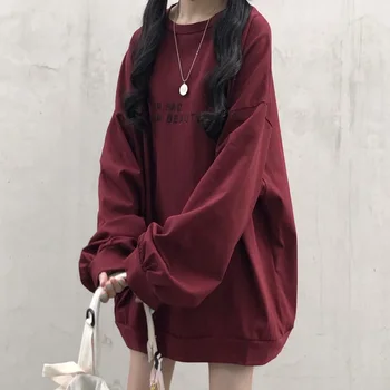 Harajuku plona Palaidinukė Moterims Megztiniai Megztinis Negabaritinių Atsitiktinis ilgomis Rankovėmis ilgai Viršuje laiškas išspausdintas hoodie juoda sweatwear