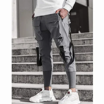 Hip-Hop Berniukas Multi-kišenės, Elastinga Juosmens Dizaino Haremas Ziajać Vyrų Streetwear Punk Atsitiktinis Kelnės Jogger Vyrų Šokių Juodos Kelnės