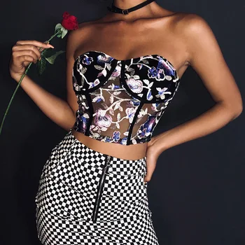 Hirigin Gėlių Siuvinėjimo Nėrinių Akies Juoda Sexy Pasėlių Viršuje Moterys Šalis Clubwear Korsetas apatinis Trikotažas tankų Vasaros 2021
