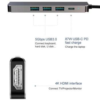 Hub Multi Docking Station Nešiojamas USB 3.0 Hub USB C VGA PD LAN Ethernet 3,5 mm Garso Lizdas SD TF Kortelė