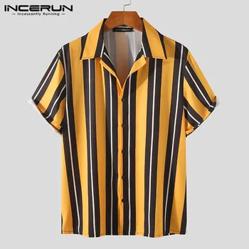 INCERUN 2021 Vyrų Atsitiktinis Dryžuotas Marškinėliai trumpomis Rankovėmis Pasukite Žemyn Apykaklės Streetwear Laisvalaikio Havajų Marškinėliai Mados Vasaros Camisas