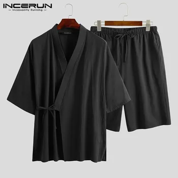 INCERUN vientisa Spalva Vyrų Pižama Rinkiniai Kimono Medvilnės Nėriniai Pusė Rankovėmis V-Kaklo Harajuku Sleepwear Šortai naktiniai drabužiai Rinkiniai Homewear