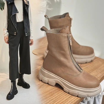 INS KARŠTO Moterų batai viršutinė karvės odos batai rudenį ir žiemą, ponios batai Derliaus priekinis užtrauktukas short boots sniego batai
