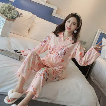 Ilgomis Rankovėmis Pižama Moterų Kimono Kostiumas Gėlių Spausdinti Kelnės Kostiumas Saldus Mergaičių Tracksuit Studentų Laisvalaikio Pižamos Nustatyti Loungewear