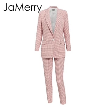 JaMerry Derliaus atsitiktinis moterų rožinės spalvos pledas švarkas tiktų Rudenį vieną krūtinėmis ilgomis rankovėmis moteriška office kelnės, kostiumai Žiemos outwear