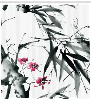 Japonijos Dušo Užuolaidos Natūralaus Bambuko Stiebų Cherry Blossom Įkvėpė Japonų Liaudies Spausdinti Poliesterio Audinio Vonios Kambarys Dekoro Rinkinys
