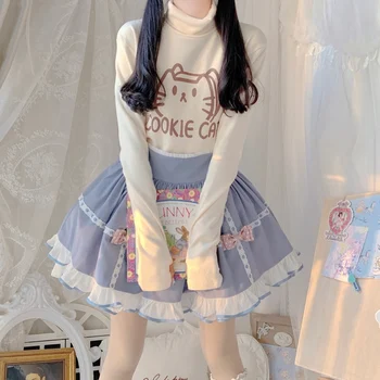 Japonijos Lolita Kawaii Moterų Golfo marškinėliai Cute Kačių Grafinis Viršūnes Jk Cosplay Minkštas Mergaičių Drabužius Saldus Long Sleeve Tee Marškinėliai