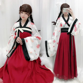 Japonijos Retro Vintage Floros Spausdinti Moterų Šifono Kimono Tradicinių Hanfu Išgalvotas Suknelė Sijonas, Megztinis Nustatyti Yukata Rytietiškas Kostiumas