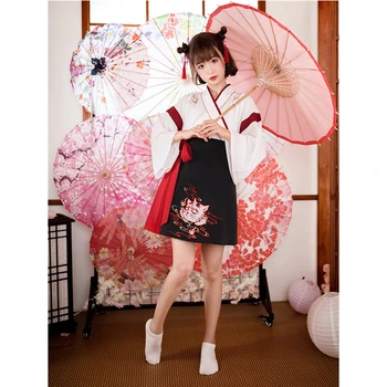 Japonijos Suknelė Kimono Moteris Juoda Balta Katė Siuvinėjimo Saldus Senovinių Azijos Drabužių Yukata Haori Cosplay Šalies 2pieces Rinkinys