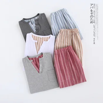 Japonijos grynos medvilnės šortai Pižama rinkiniai vyrams Vasaros paprastas pledas sleepwear vyrams trumpomis rankovėmis, pižamos vyrams