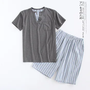 Japonijos grynos medvilnės šortai Pižama rinkiniai vyrams Vasaros paprastas pledas sleepwear vyrams trumpomis rankovėmis, pižamos vyrams