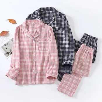 Japonijos naujuoju stiliumi pavasarį ir rudenį pora medvilnės pižama moterų paprastas pledas vyrai yra didelė laisvalaikio namuose paslaugų kostiumas