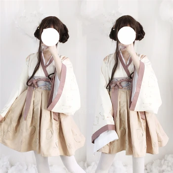 Japonų Kimono Stiliaus Suknelė Nustatyti Kawaii Merginos, Moterys Retro Išgalvotas Tradicinių Streetwear Senovės Siuvinėjimo Azijos Sijonai, Komplektai