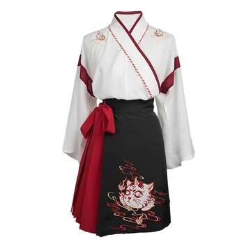 Japonų Kimono Suknelę Moteris Juoda Balta Katė Siuvinėjimo Saldus Mergina Senovinių Azijos Drabužių Yukata Haori Cosplay Šalies 2pieces Rinkinys