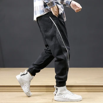 Japonų Mados Vyrų Džinsai Palaidi Tinka Juoda Spliced Dizaineris Džinsinio Krovinių Kelnės Plačios Kojos Poilsiu Haremo Kelnės Hip-Hop Džinsai Vyrams