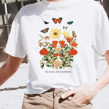Jokio Lietaus, Jokio Gėlės Grafinis Marškinėliai Derliaus Įkvėpė Drugelio Tees Moterų 60s, 70s, 80s, 90s Stiliaus Mielas Tees Vasaros Retro T Shirts