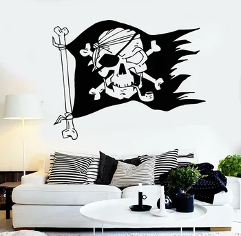 Jolly Roger Piratų Vėliava Kaukolės Kaulai Lipdukai Berniukų Miegamasis Nuimamas Vinilo Sienos Lipdukai Namų Puošybai Vyras Urvas Plakatas D992