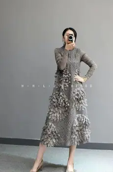KARŠTO PARDAVIMO Miyake mados kartų moterų ilgai grynos spalvos suknelė Aukšta apykakle ilgomis rankovėmis aplikacijos suknelė SANDĖLYJE