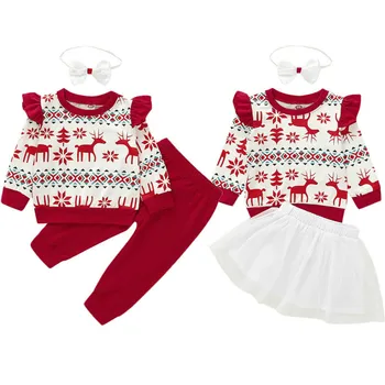 Kalėdų bamblys kūdikis, berniukas, mergaitė, drabužiai tiktų animacinių filmų Kalėdų spausdinimo ilgomis rankovėmis marškinėliai + kelnės / tiulio tutu + šukuosena 3Pcs