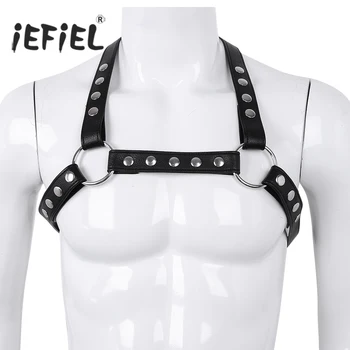 Karšto Mens Reguliuojamas, Lankstus Dirbtiniais Odos X Formos Atgal Įstaiga Krūtinės Diržas Diržas su Metalo Žiedams Cosplay Klubas Nelaisvėje Kostiumai