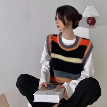 Kimotimo Vintage Liemenė Megztinis Liemenė Moterų Berankovis Megztas Dryžuotas Megztinis Atsitiktinis 2020 M. Rudenį Harajuku Korėjos Viršūnes Liemenė