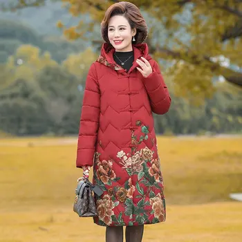 Kinų stiliaus Plonas Retro Ilgai Medvilnės Kailis 2020 M. Žiemos Nauja, Moterų Parko nacionalinės stiliaus didelis dydis atspausdinta Medvilnės Striukė