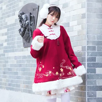 Kinų stiliaus han elementas rudens žiemos saldus lolita kailis vyšnių žiedų varlė boeknot stovėti studentų paltas kawaii girl kailis